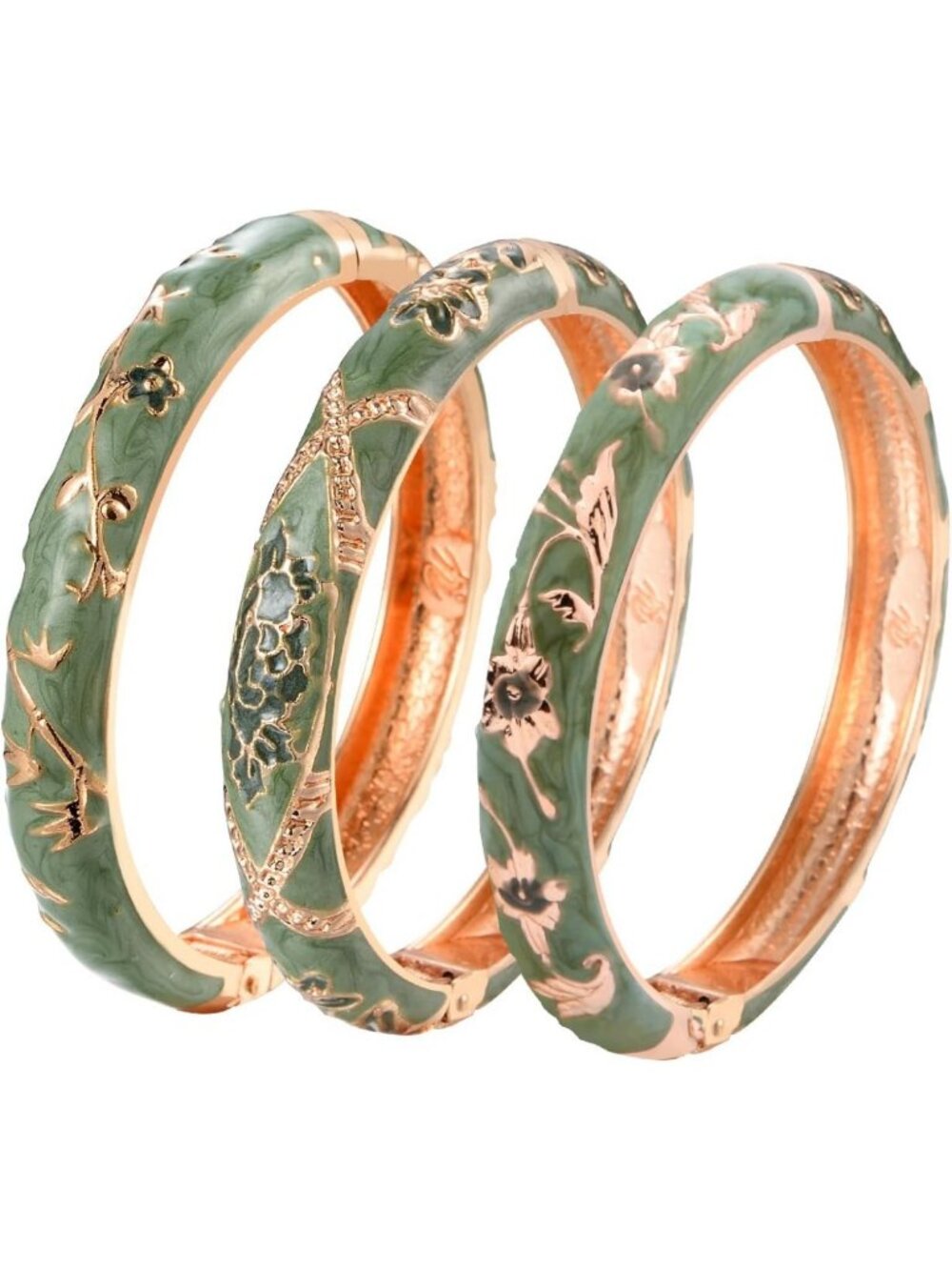 Colorful Cloisonne Flower Cuff Bracelet Set - Gold Plated Hinged Bangles Jewelry